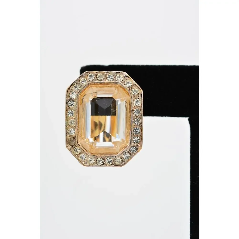 Vintage Crystal Clip On Earrings Peach Rhinestone Baguette Gold Chunky 1980s 9L